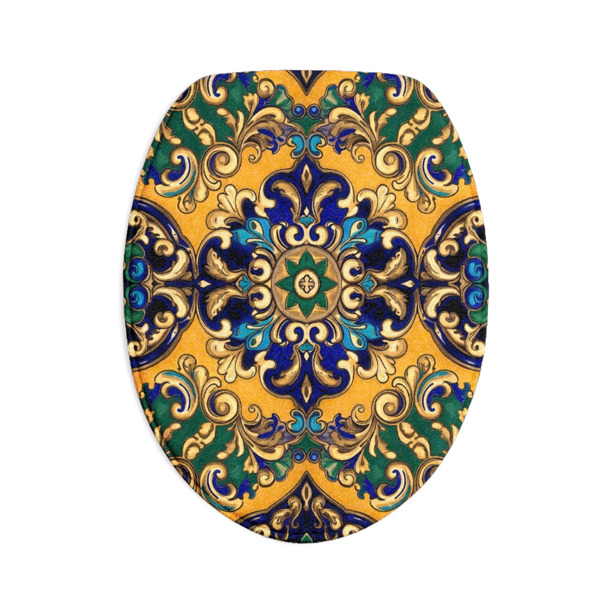 Mediterranean Tile Toilet Seat & Rug Set — 3-Piece Bathroom Decor