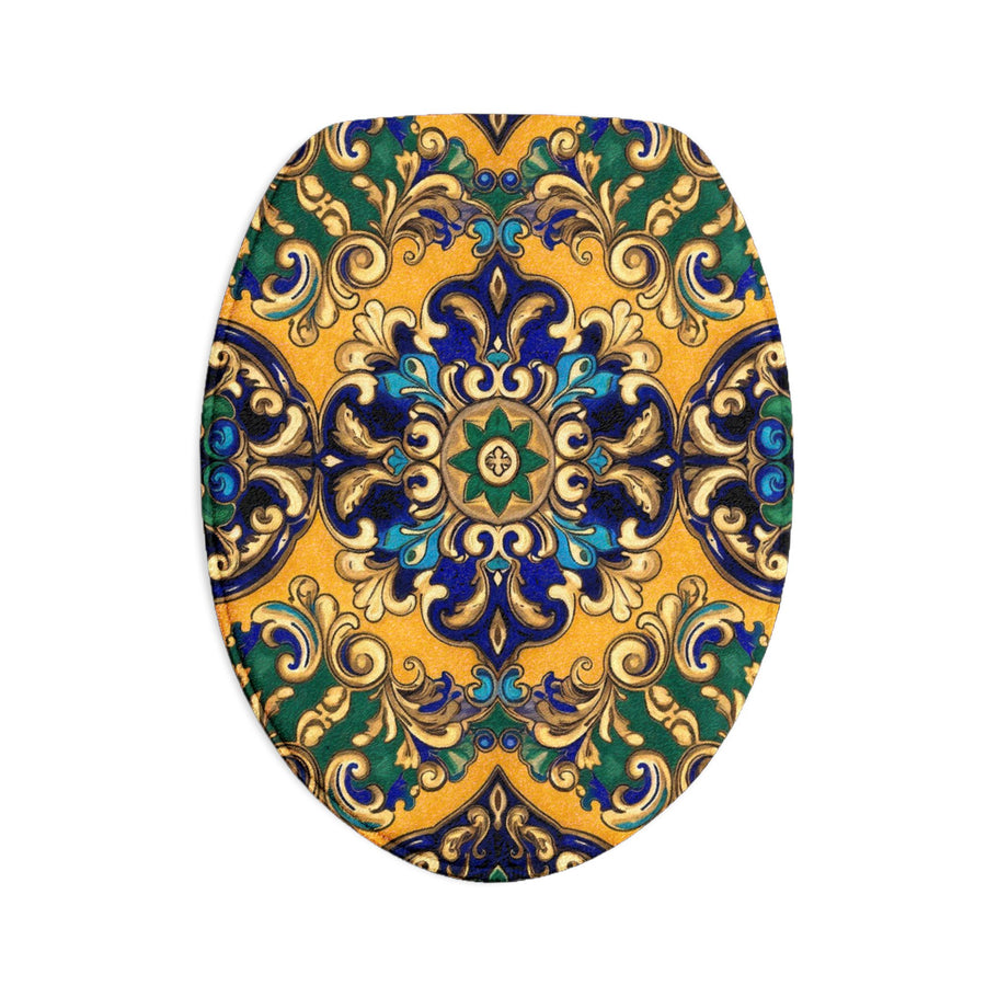 Mediterranean Tile Toilet Seat & Rug Set — 3-Piece Bathroom Decor