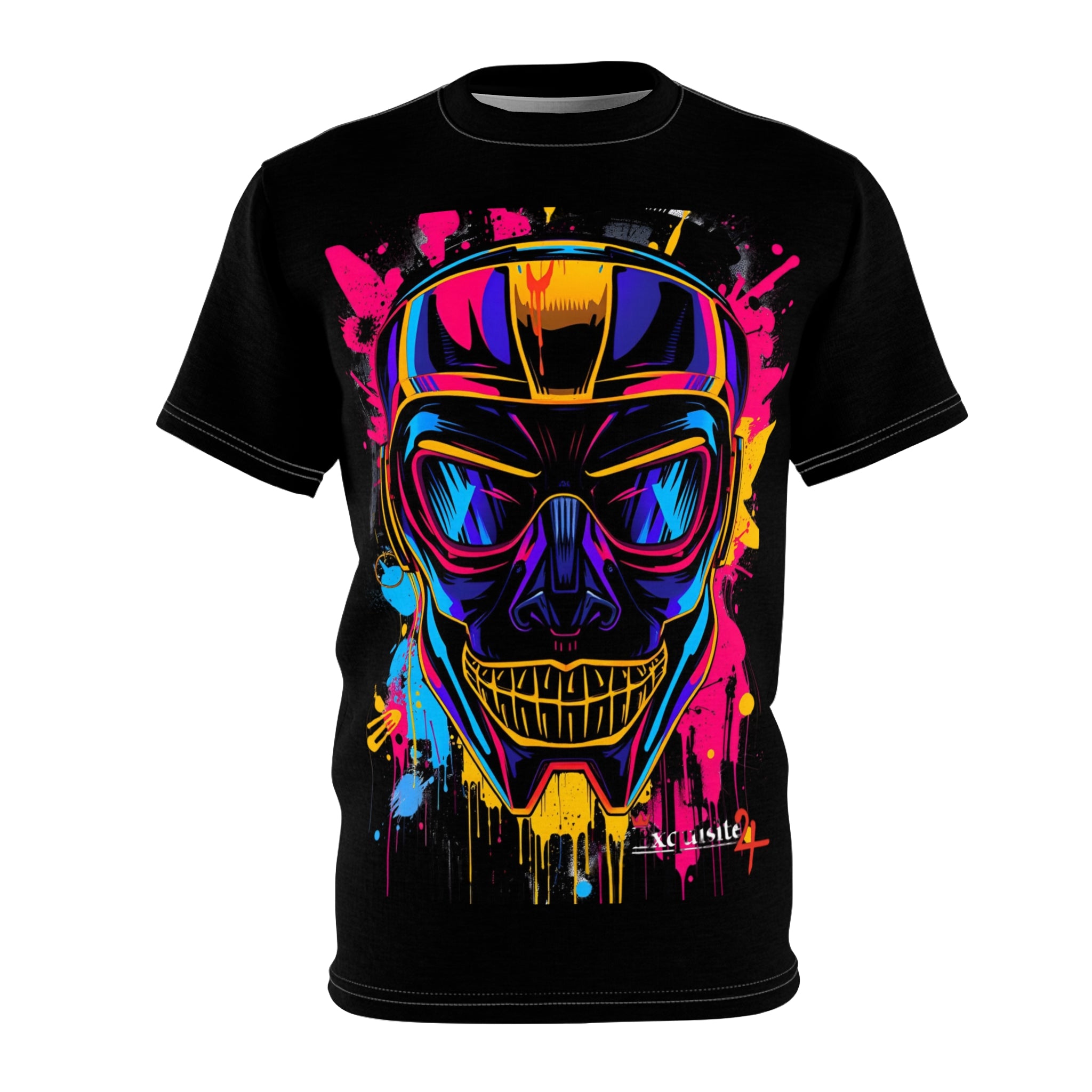 Neon Skull Helmet Tee - Colorful Graffiti Motorcycle Skull T‑Shirt