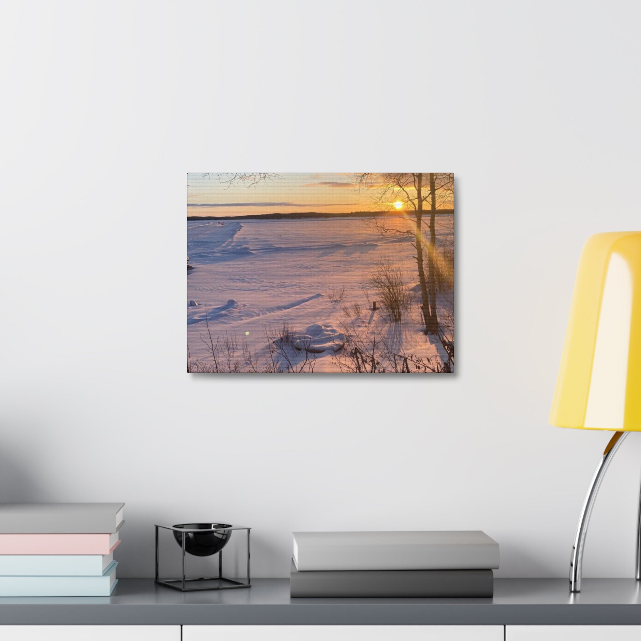 Sunset over Frozen Lake Stretched Canvas Wall Art
