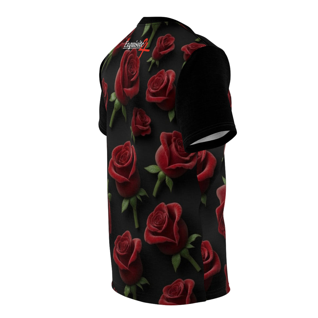 Rose Pattern Tee — Red Roses All-Over Print Black Graphic Shirt