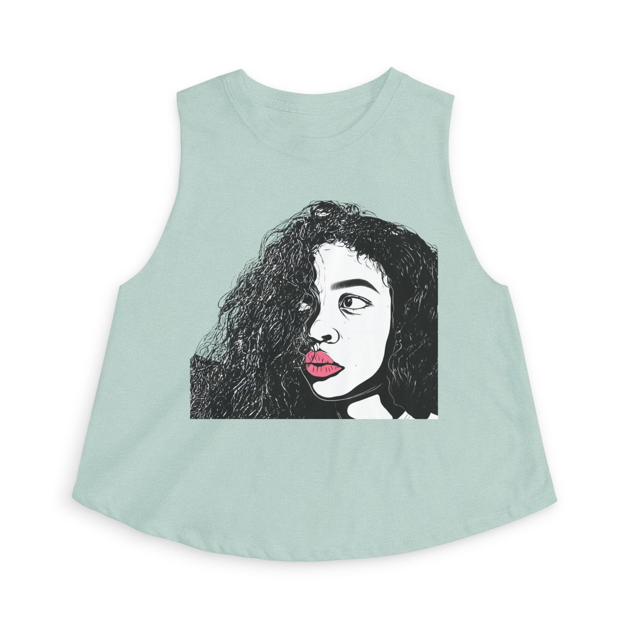 Artistic Curly Hair Woman Crop Top — Graphic Portrait Tank with Pink Lips