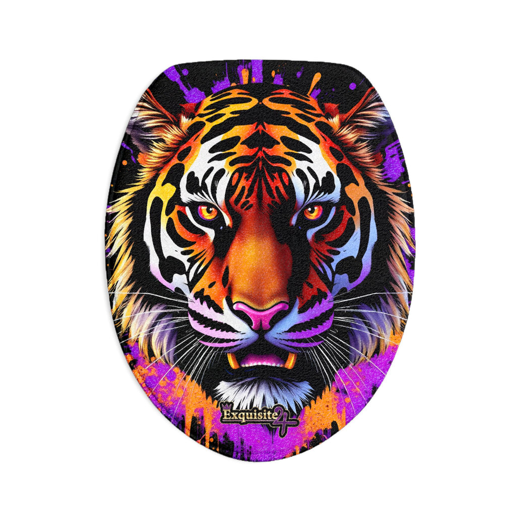 Tiger Splash Toilet Three-Piece Set — Vibrant Tiger Face & Purple-Yellow Splash Bath Mat Set