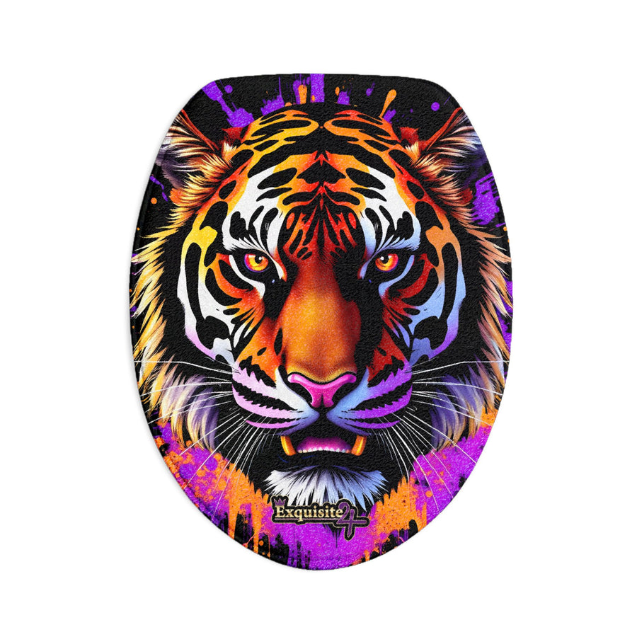 Tiger Splash Toilet Three-Piece Set — Vibrant Tiger Face & Purple-Yellow Splash Bath Mat Set