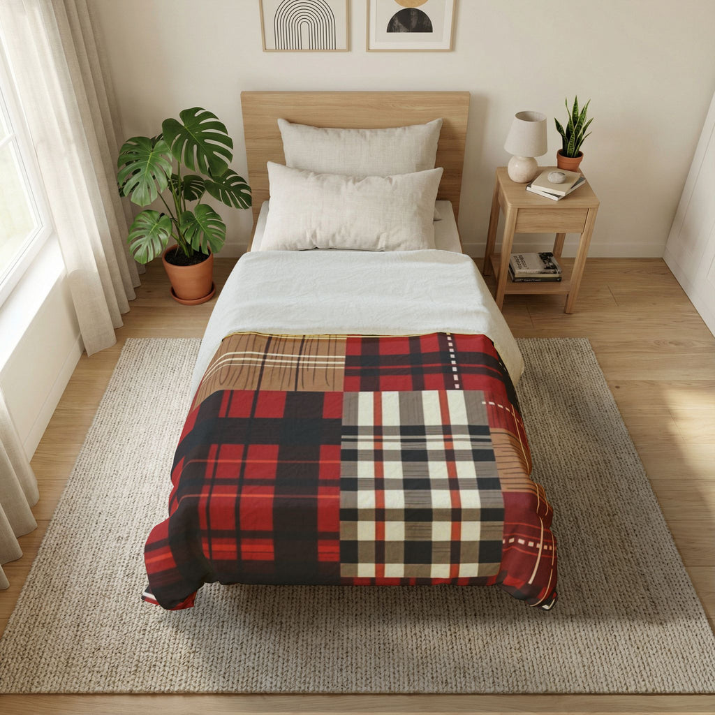Plaid Patchwork Cotton Duvet Cover — Red Check Rustic Cabin Bedding