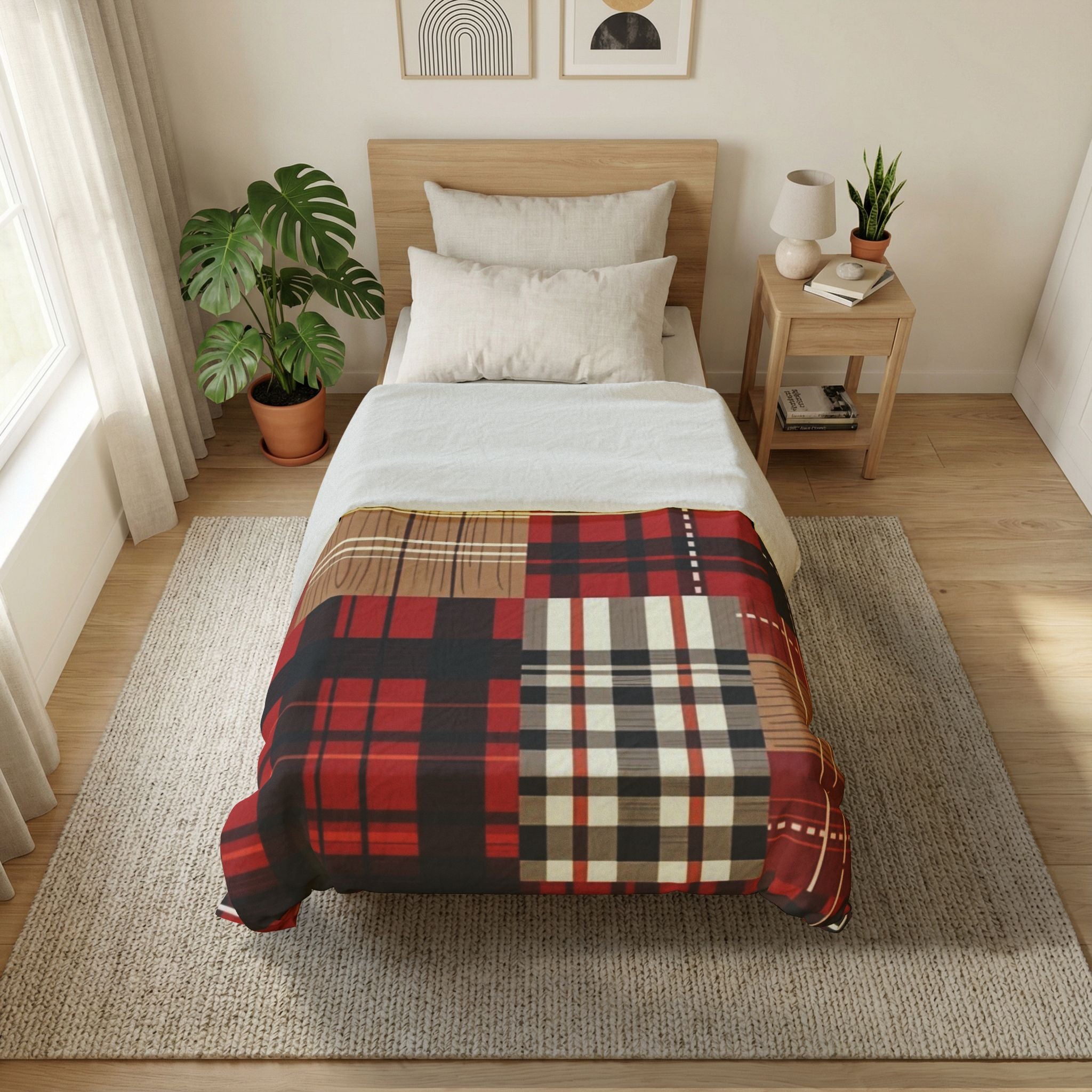 Plaid Patchwork Cotton Duvet Cover — Red Check Rustic Cabin Bedding