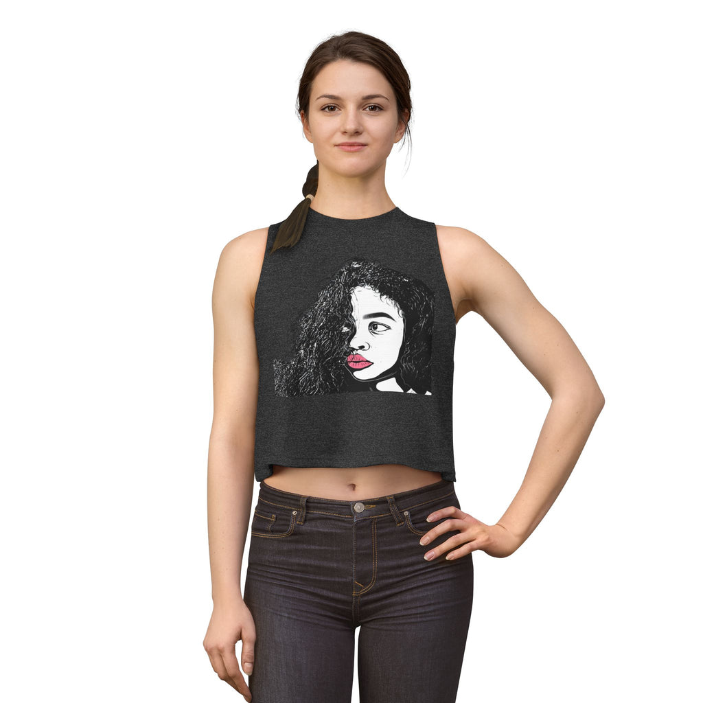 Artistic Curly Hair Woman Crop Top — Graphic Portrait Tank with Pink Lips