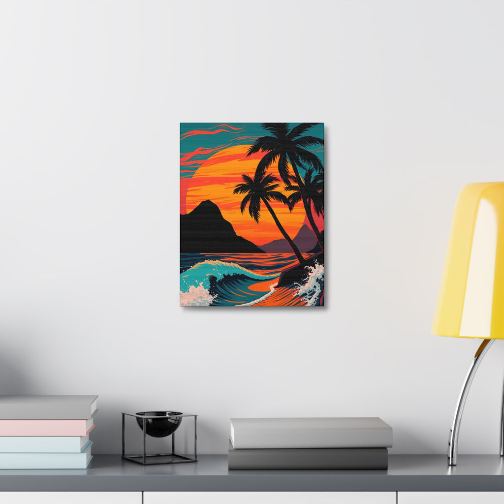 Tropical Sunset Canvas Wall Art — Palm Trees and Ocean Waves Stretched Canvas