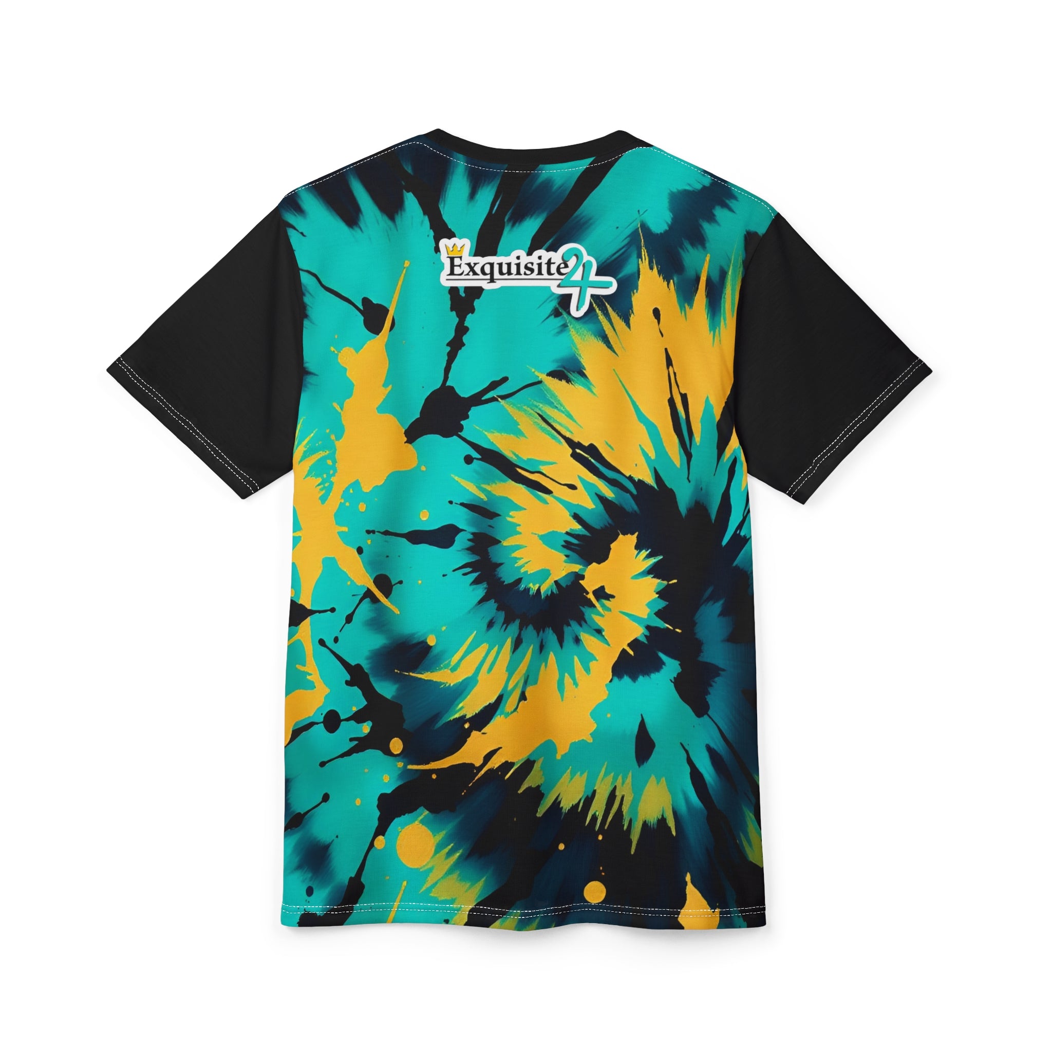 Tie-Dye Exquisite 24 Graphic Tee — Vibrant Teal & Yellow Spiral All-Over Print