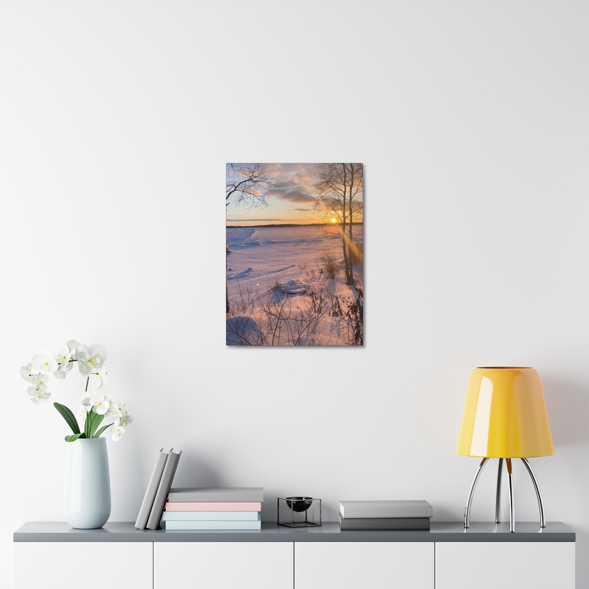 Sunset over Frozen Lake Stretched Canvas Wall Art