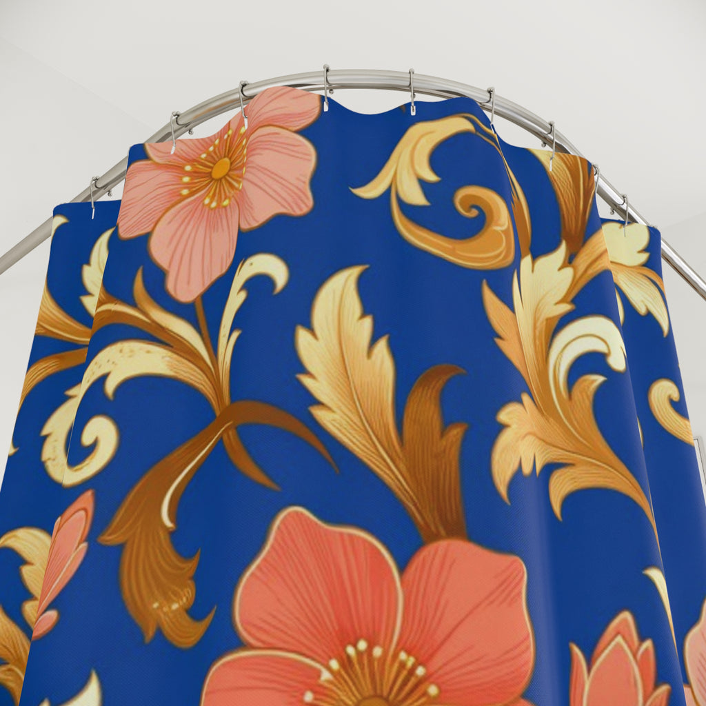 Elegant Blue Floral Shower Curtain — Gold Scroll & Peach Blooms