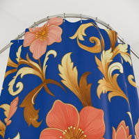 Elegant Blue Floral Shower Curtain — Gold Scroll & Peach Blooms
