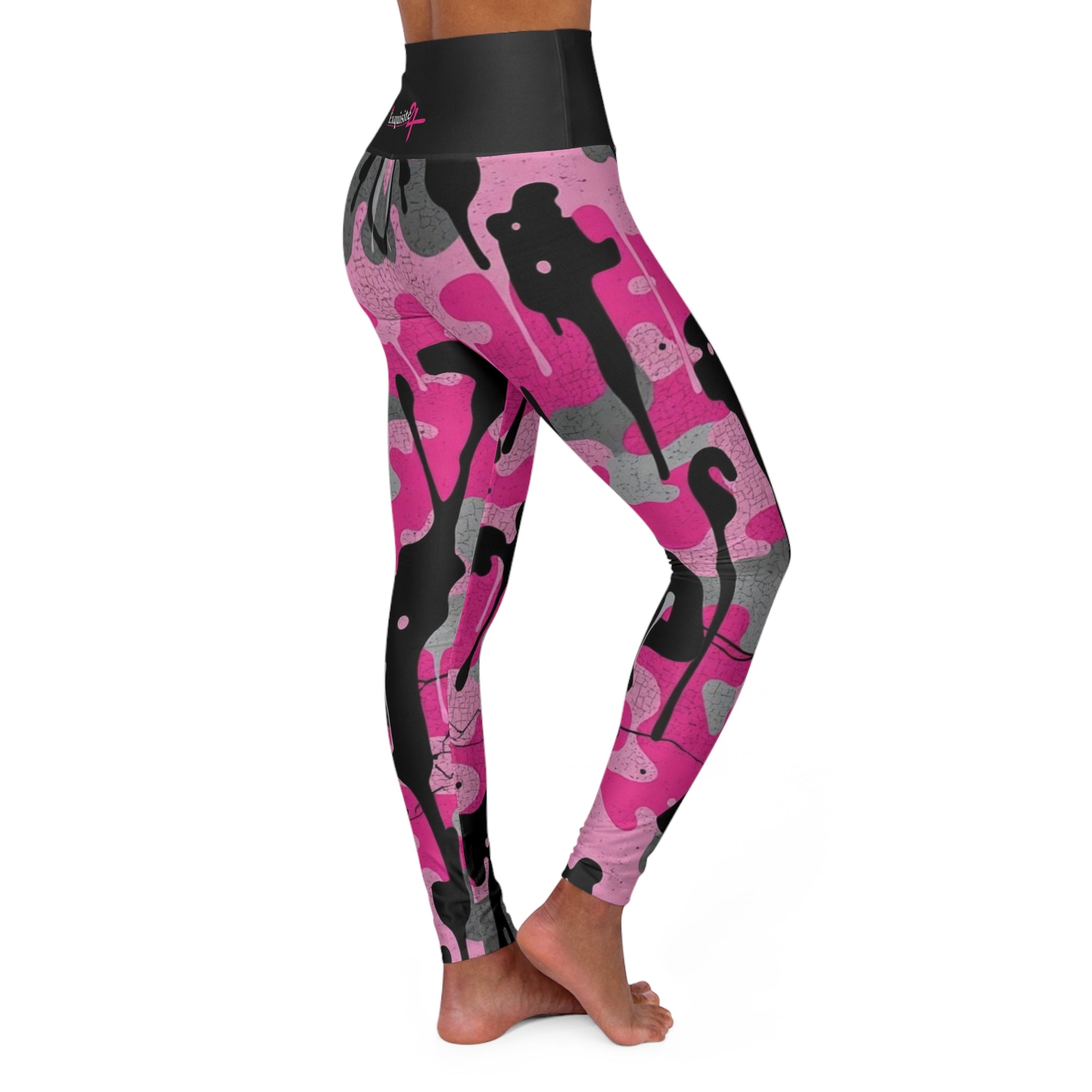 Pink Camo High-Waist Yoga Leggings — Women's Activewear with Drip Graphic