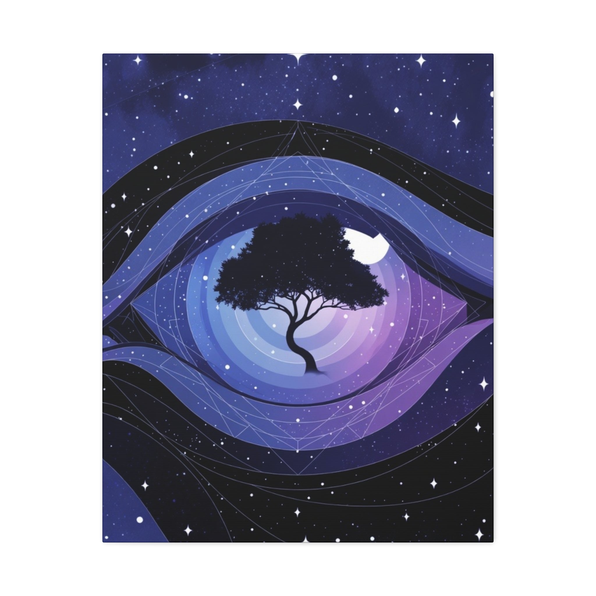 Night Tree Stretched Canvas Wall Art — Mystical Purple Galaxy Eye Design