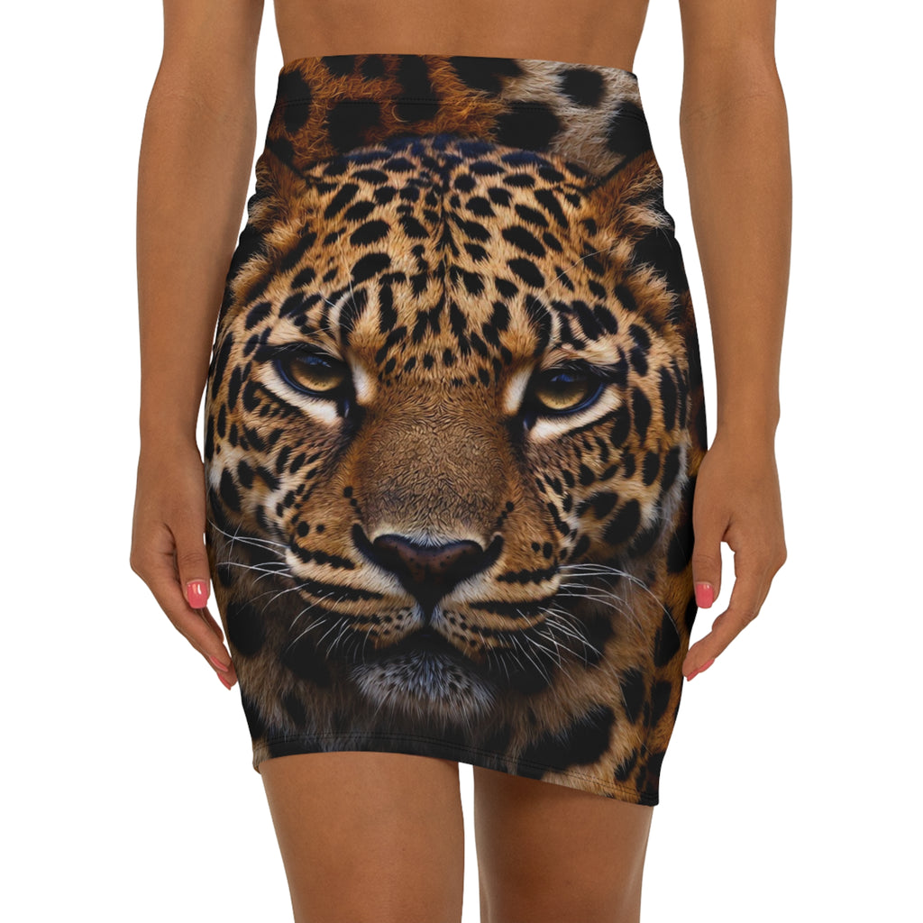 Leopard Face Print Pencil Skirt — Bold Animal Print Women's Mid-Waist Skirt
