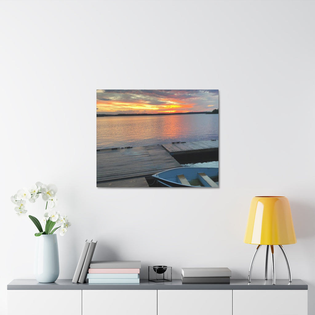 Sunset Lake Dock Stretched Canvas - Tranquil Waterfront Wall Art