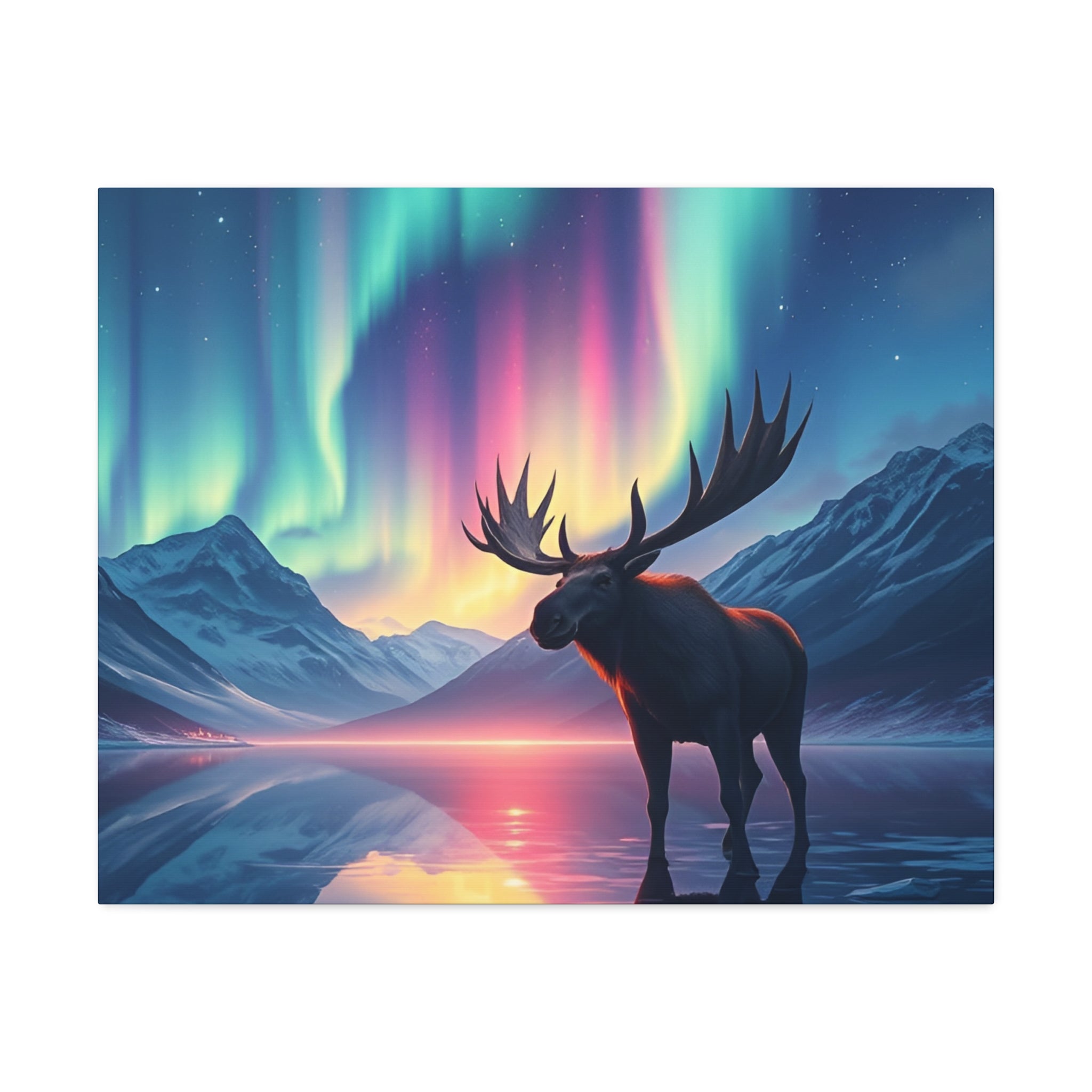 Aurora Moose Stretched Canvas – Northern Lights Landscape Wall Art