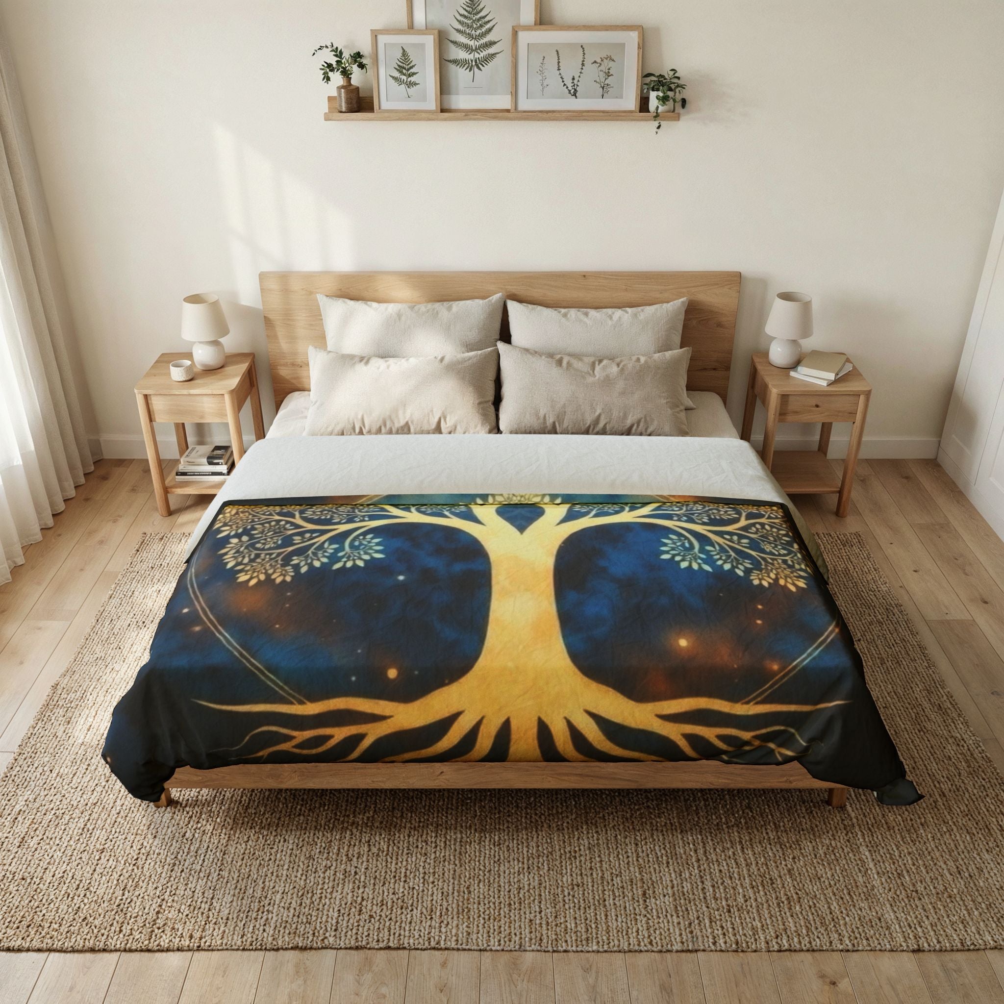 Golden Tree of Life Cotton Duvet Cover — Spiritual Boho Bedding for Meditation & Yoga Retreats