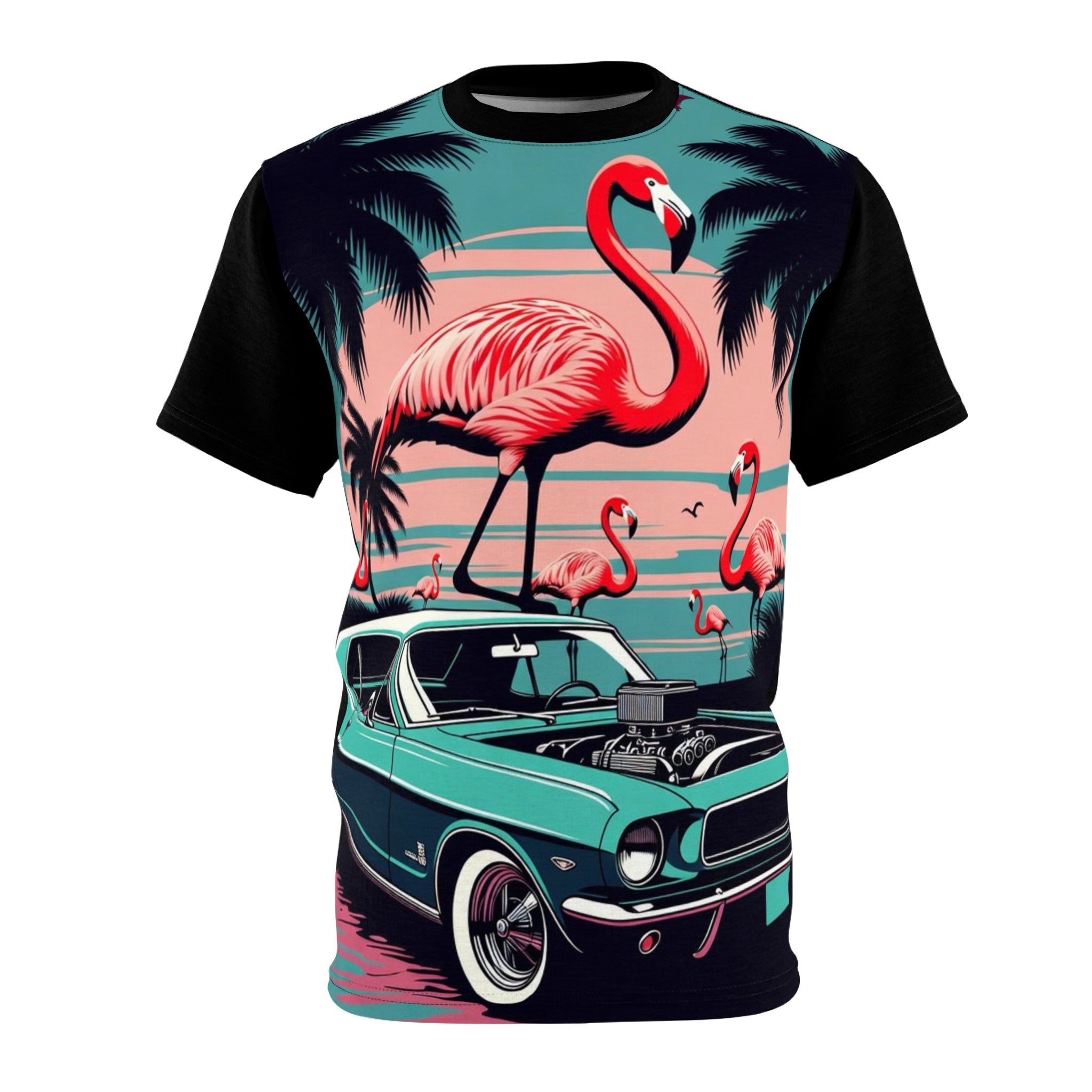 Retro Flamingo Muscle Car Tee — Vintage Tropical Sunset All-Over Print Shirt