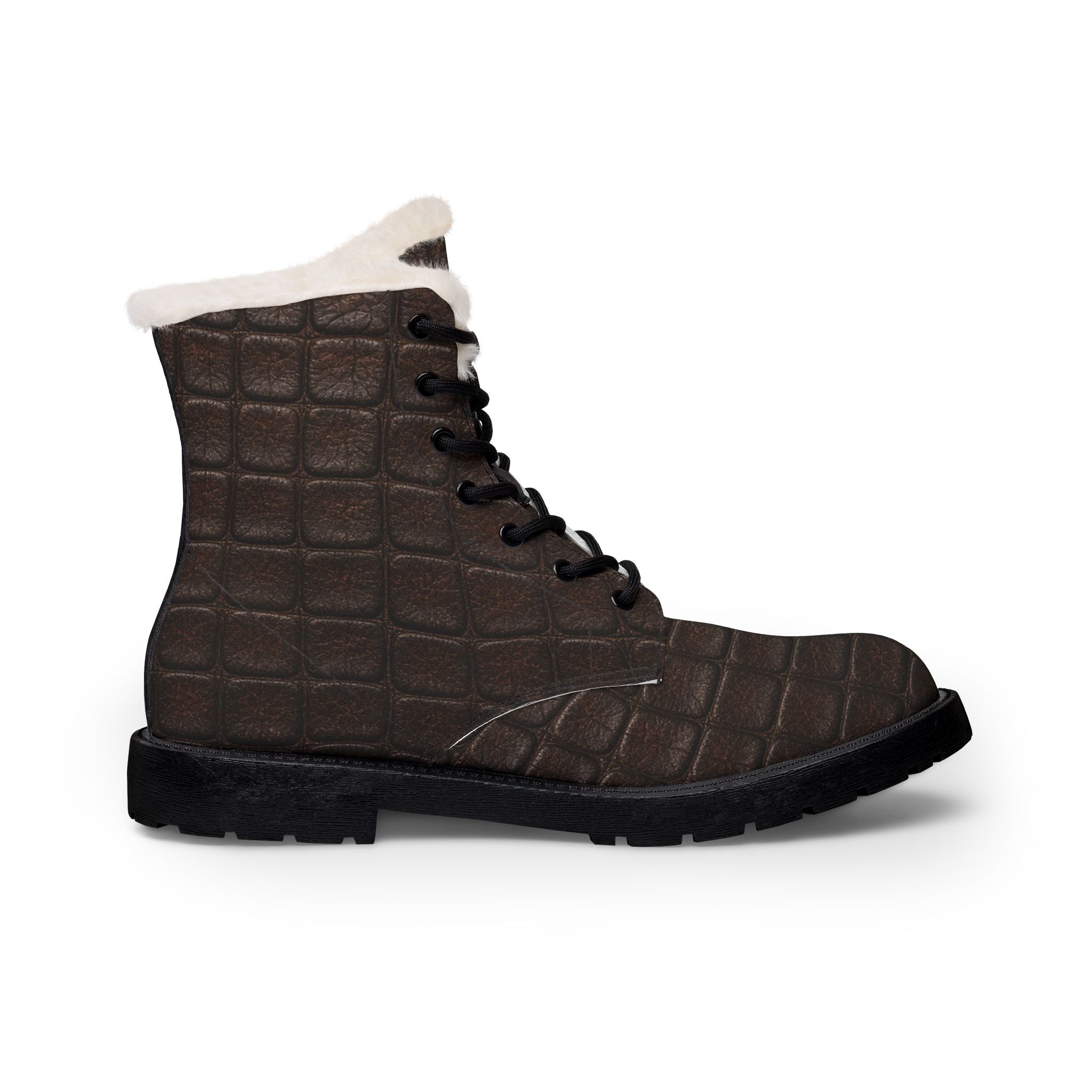 Women's Quilt Print Brown Fur-Lined Leather Winter Boots