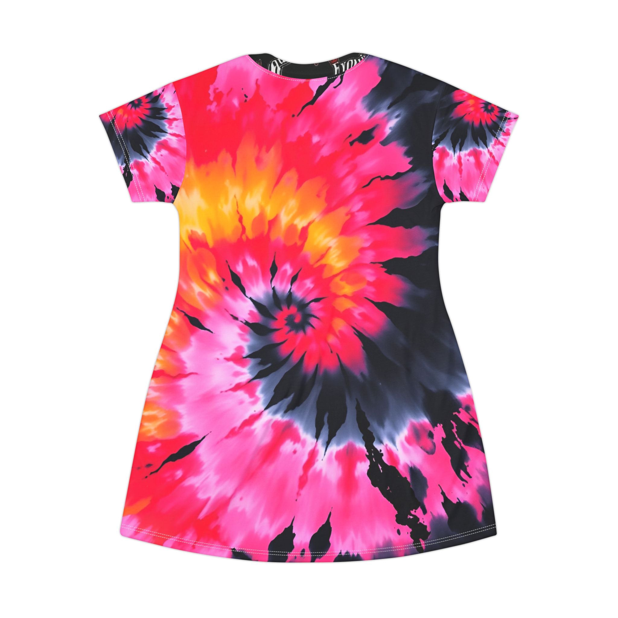 Tie-Dye Spiral T-Shirt Dress – Vibrant Pink, Orange & Black