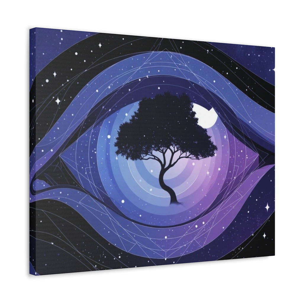 Night Tree Stretched Canvas Wall Art — Mystical Purple Galaxy Eye Design