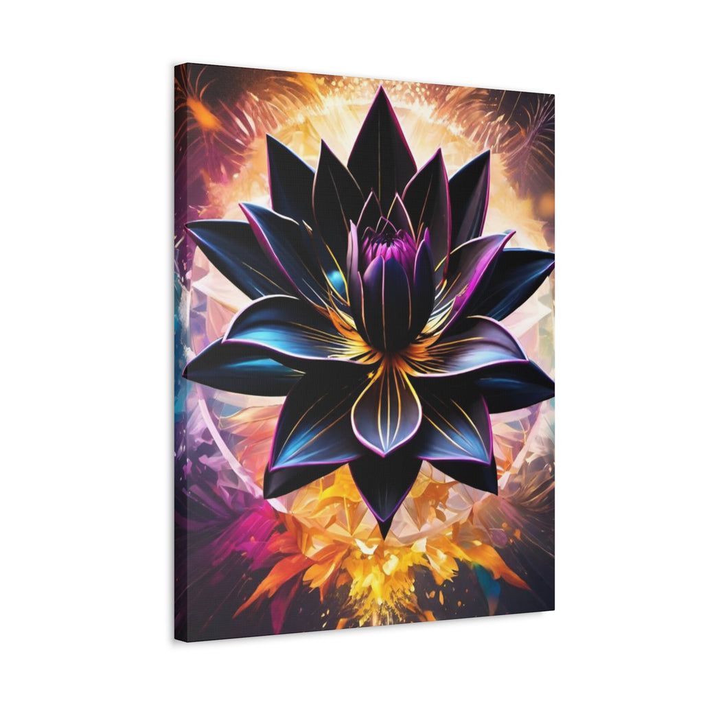 Black Lotus Bloom Canvas Wall Art - Vibrant Black & Gold Floral Stretched Canvas