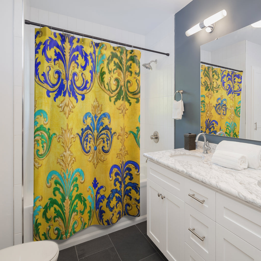 Baroque Fleur-de-Lis Shower Curtain — Gold, Blue & Green Ornamental Bathroom Decor