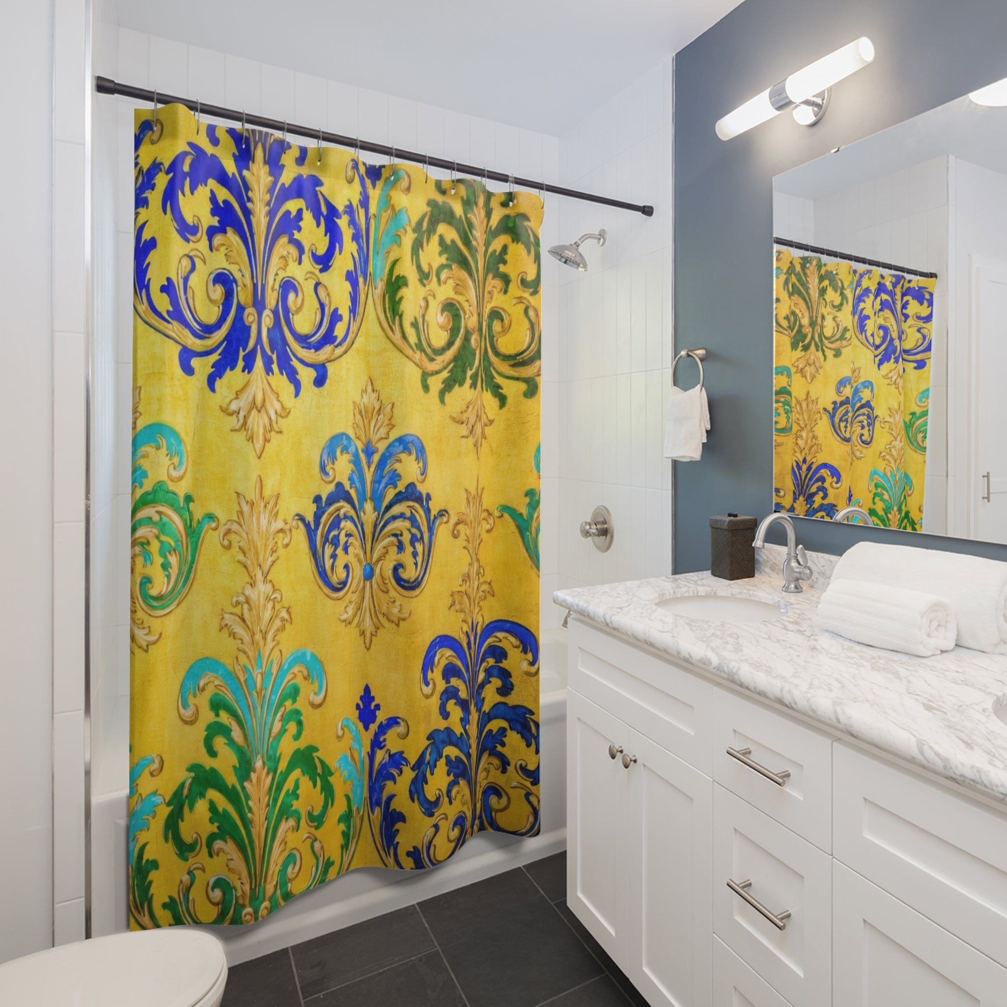 Baroque Fleur-de-Lis Shower Curtain — Gold, Blue & Green Ornamental Bathroom Decor
