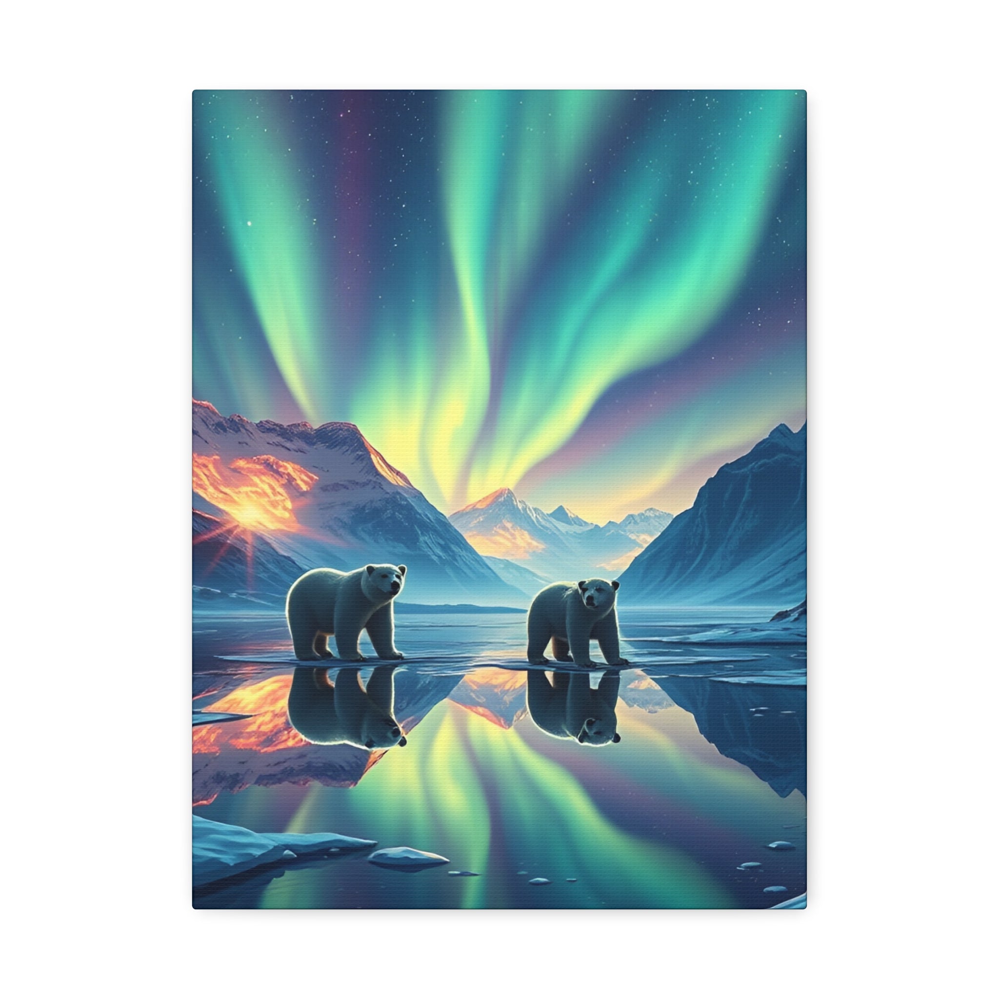 Aurora Polar Bears Stretched Canvas - Northern Lights Wildlife Wall Art