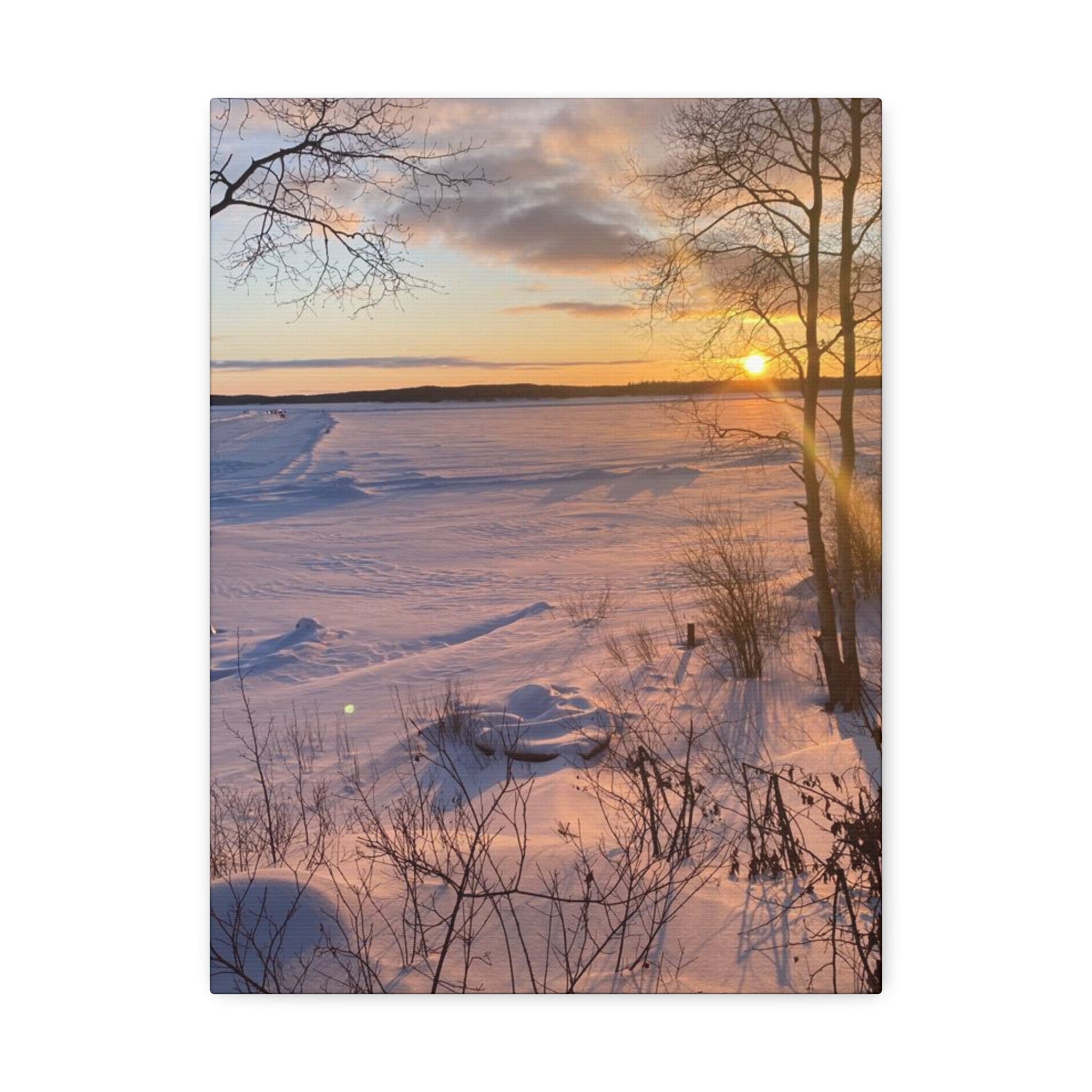 Sunset over Frozen Lake Stretched Canvas Wall Art