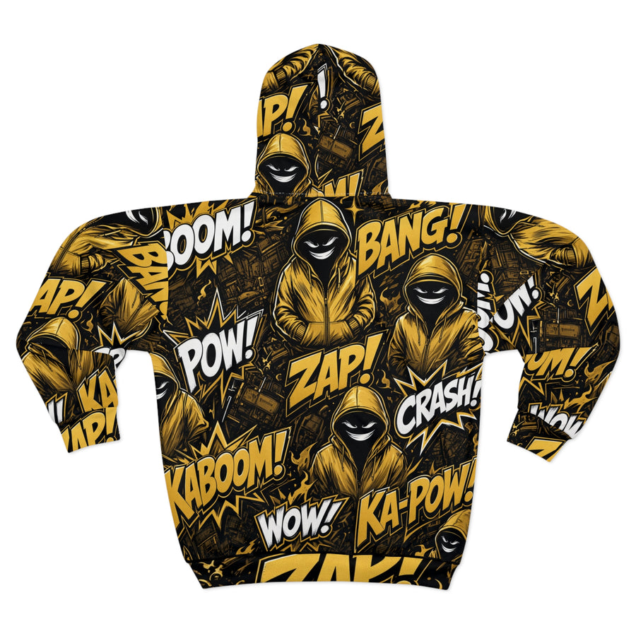 Yellow Hoodie Graphic Comic-Style Zip Hoodie