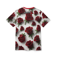 Red Rose All-Over Print Tee — Romantic Floral Pattern White T-Shirt