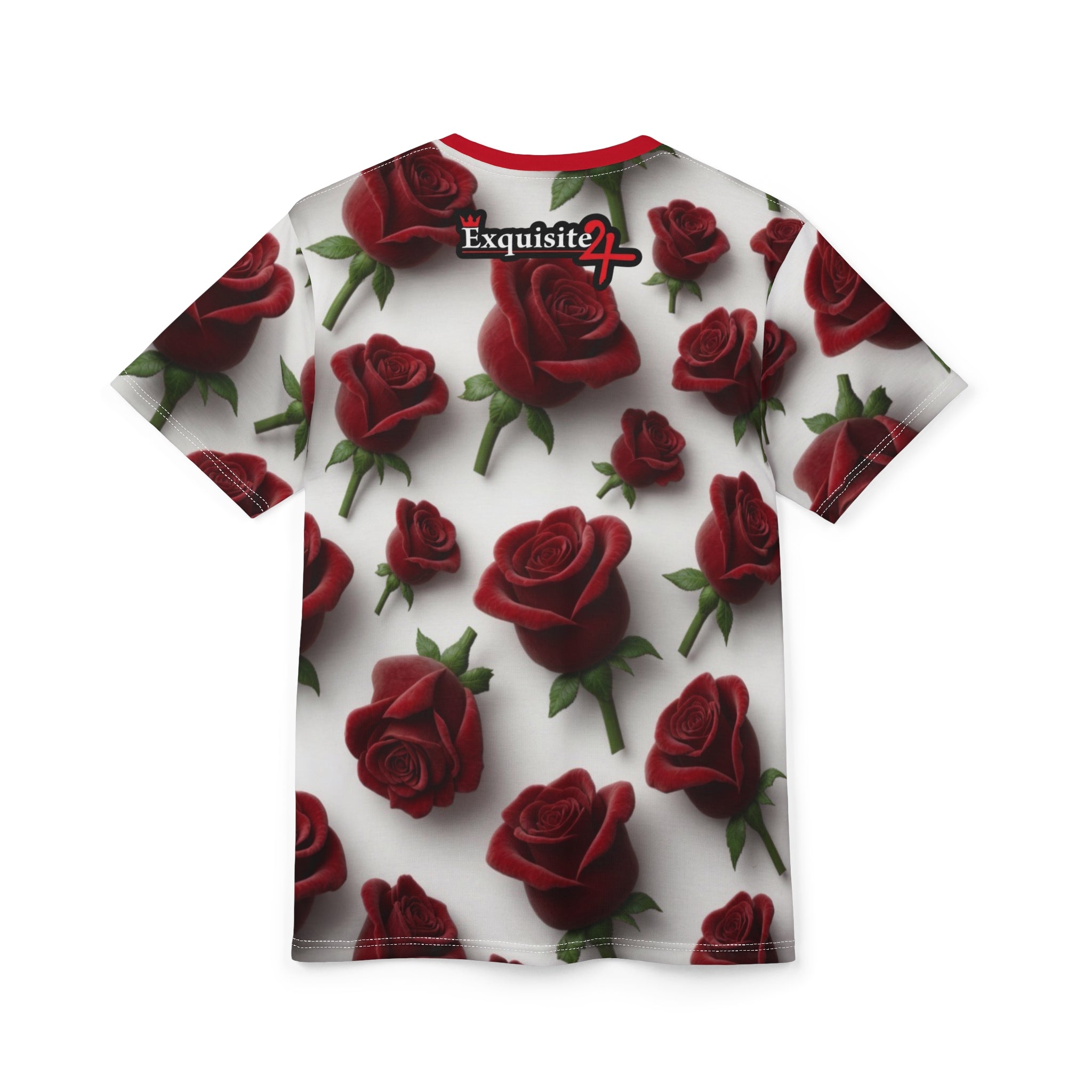 Red Rose All-Over Print Tee — Romantic Floral Pattern White T-Shirt