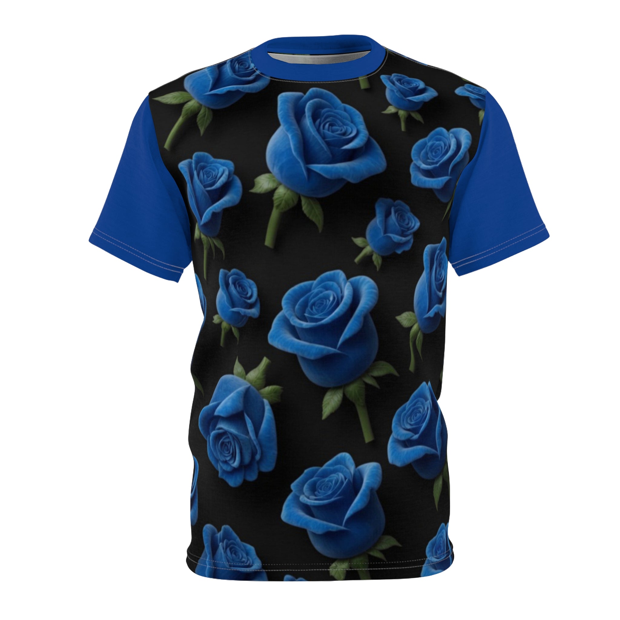 Blue Rose All-Over Print Tee — Floral Black Graphic Shirt
