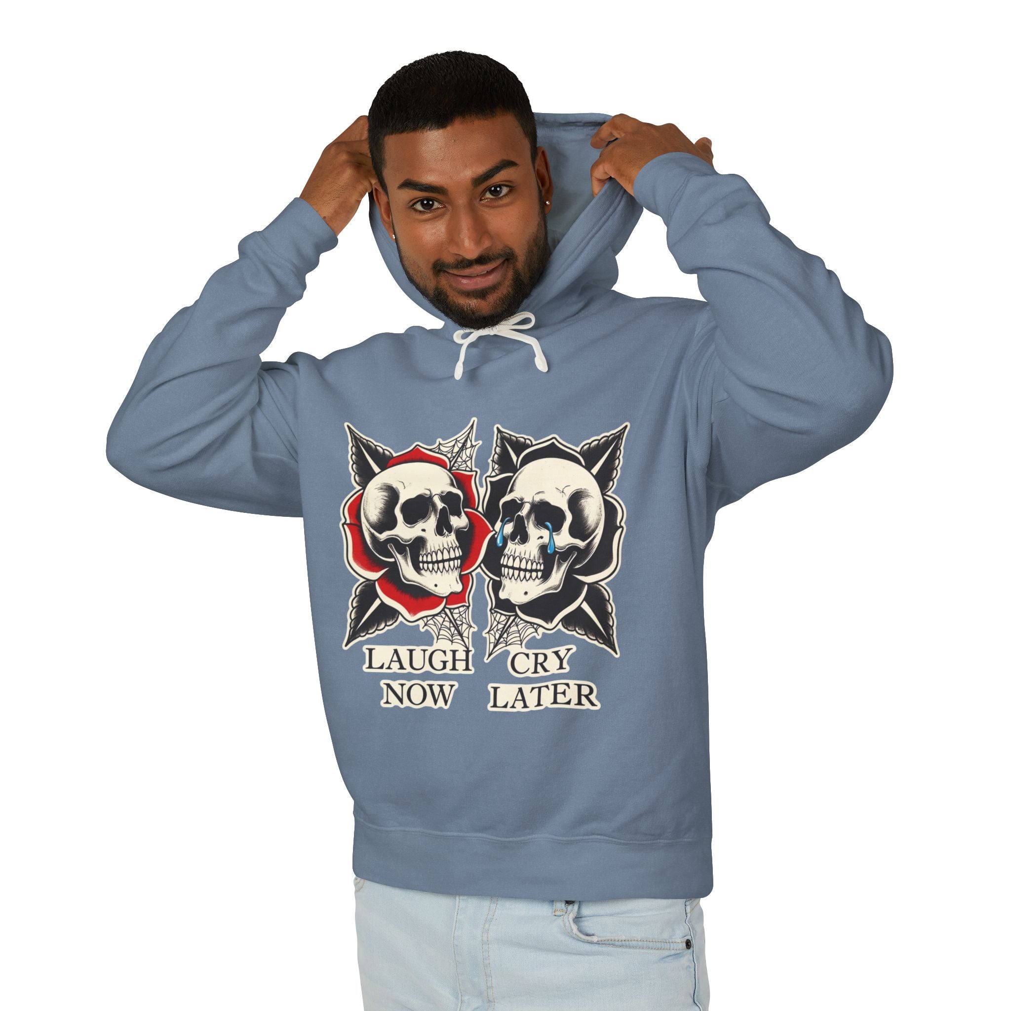 Laugh Now Cry Later Skull Hoodie — Vintage Expressive Skull Hooded Sweatshirt