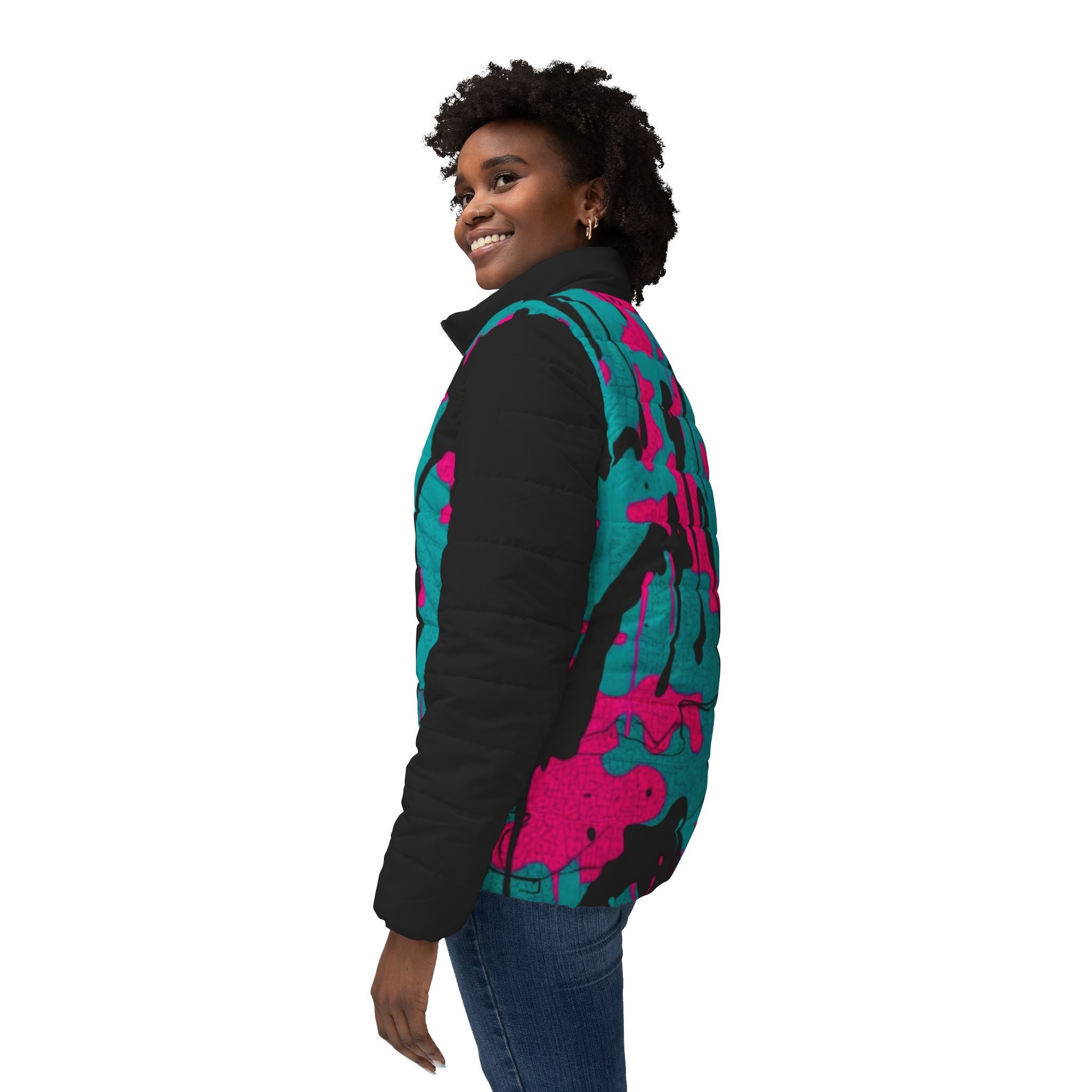 Women’s Pink and Teal Paint Splatter Puffer Jacket