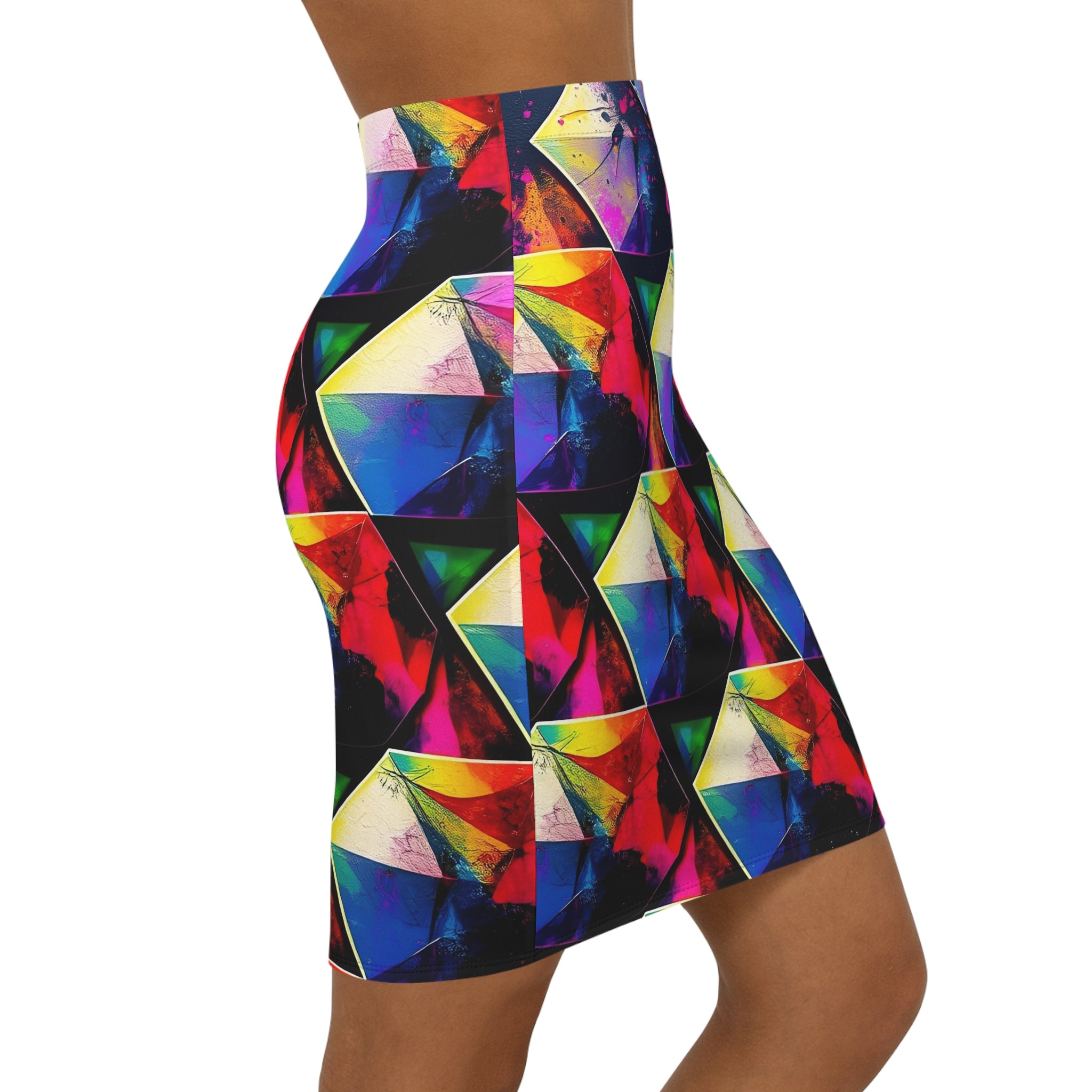 Geometric Prism Rainbow Pencil Skirt — Vibrant Abstract Mid‑Waist Graphic Skirt