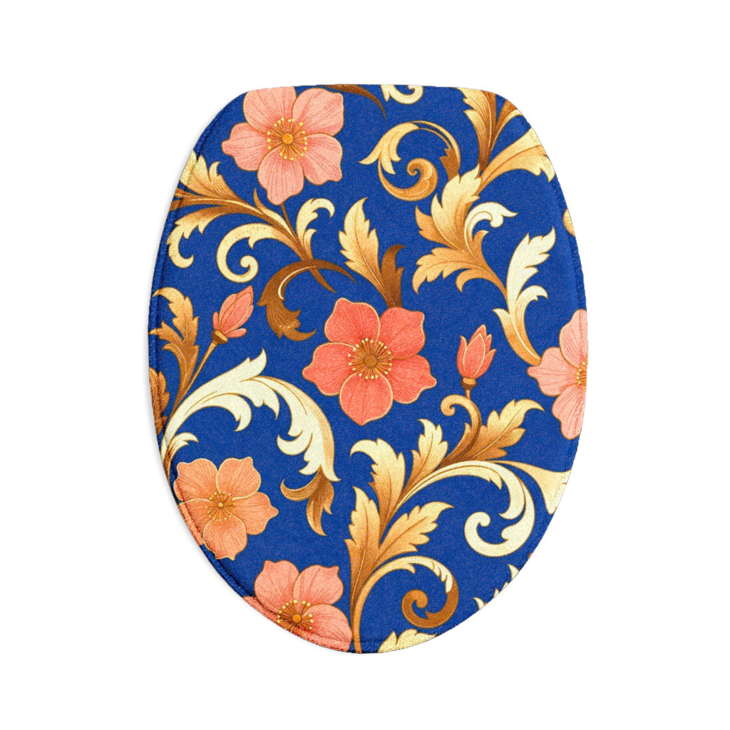 Floral Damask Toilet Seat Cover Set — Blue & Coral 3-Piece Bathroom Décor