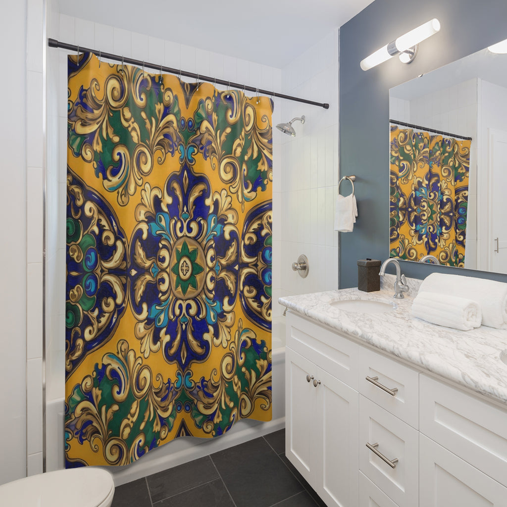 Bohemian Tile Shower Curtain — Golden Blue Moroccan Mandala Bath Decor