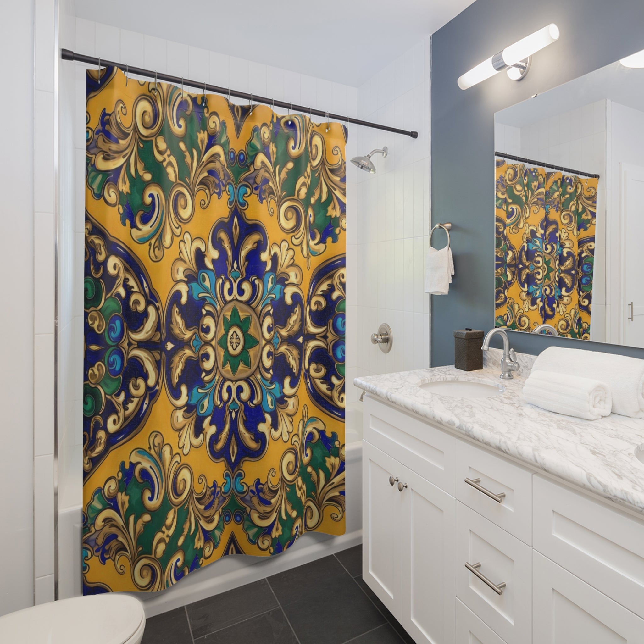 Bohemian Tile Shower Curtain — Golden Blue Moroccan Mandala Bath Decor
