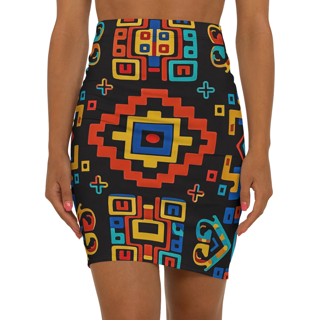 Bold Aztec Geo Pencil Skirt — Colorful Tribal Print Mid‑Waist Skirt