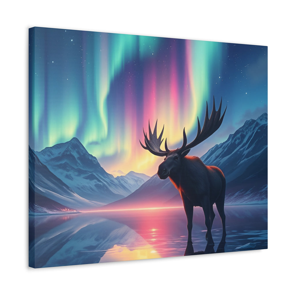 Aurora Moose Stretched Canvas – Northern Lights Landscape Wall Art