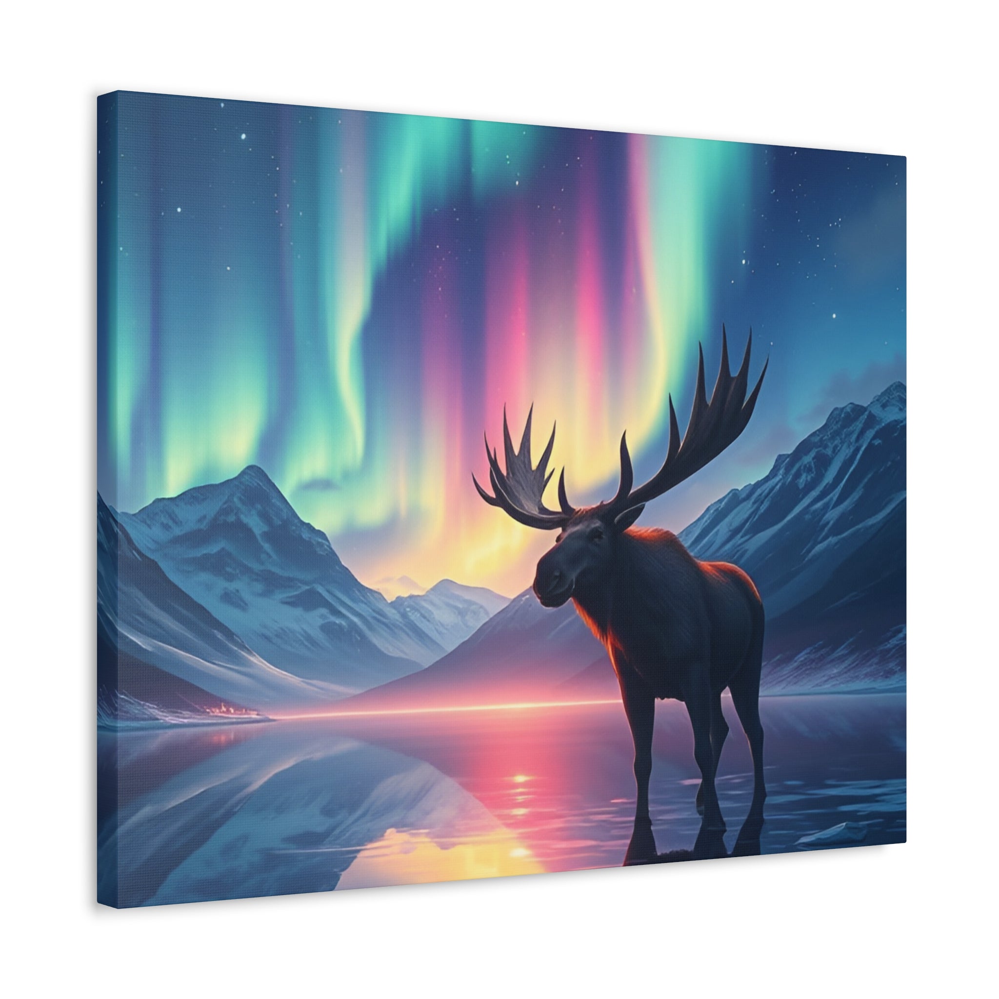Aurora Moose Stretched Canvas – Northern Lights Landscape Wall Art