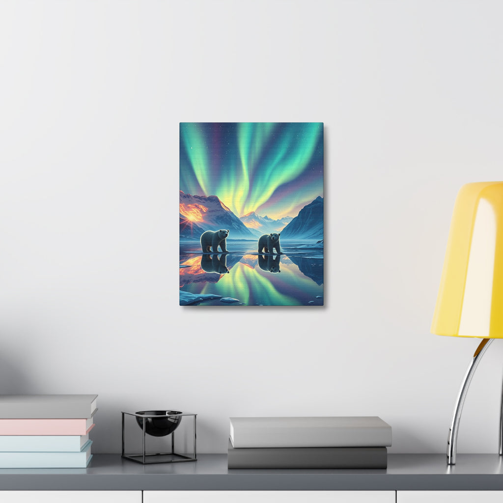 Aurora Polar Bears Stretched Canvas - Northern Lights Wildlife Wall Art