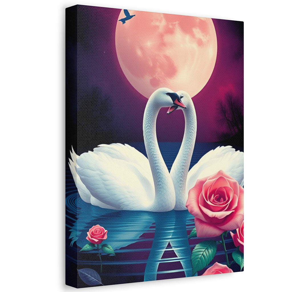 Swan Moon Stretched Canvas – Romantic Rose Lake Wall Art