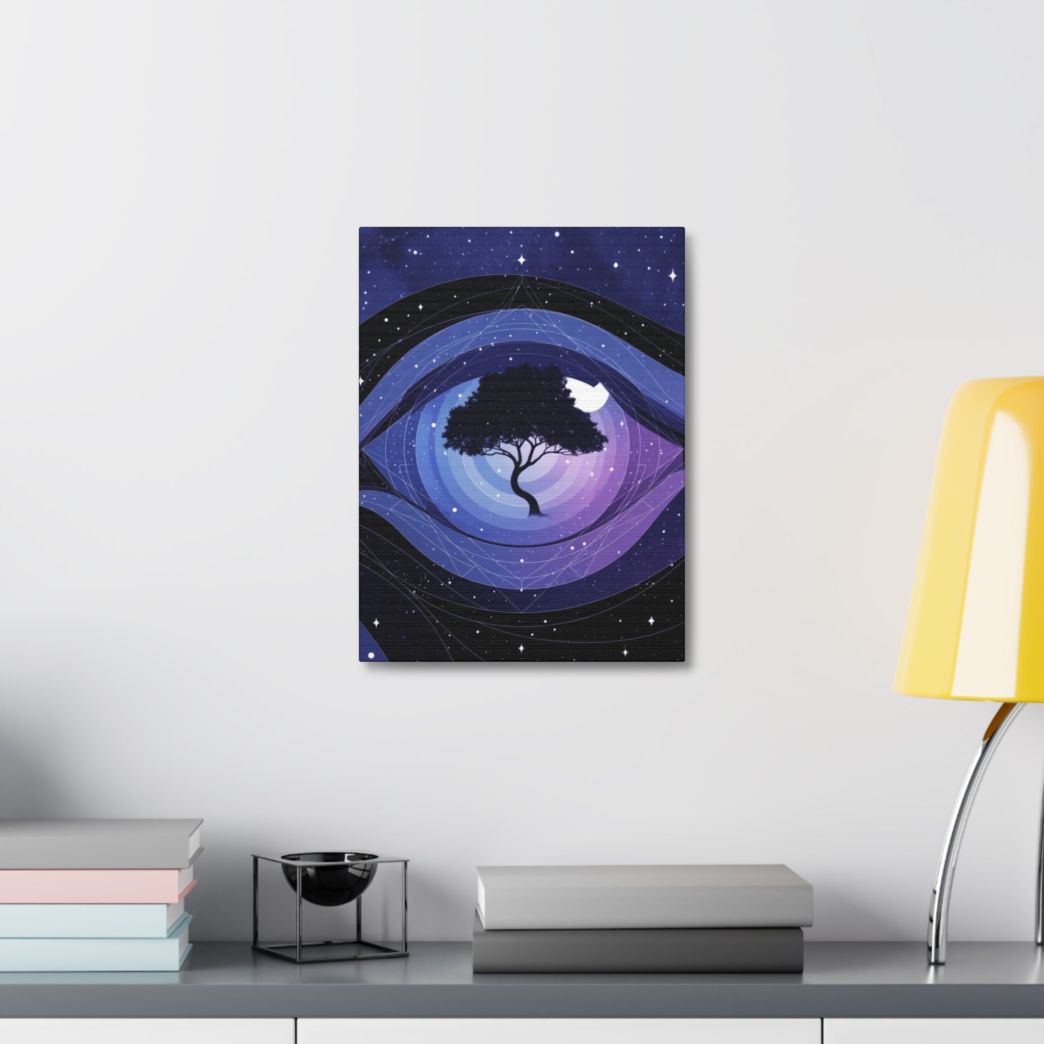 Night Tree Stretched Canvas Wall Art — Mystical Purple Galaxy Eye Design