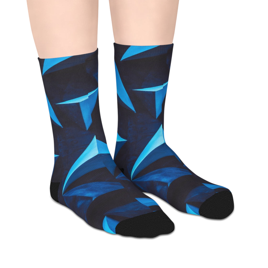 Abstract Blue Geometric Mid-Length Socks — Modern Triangle Pattern