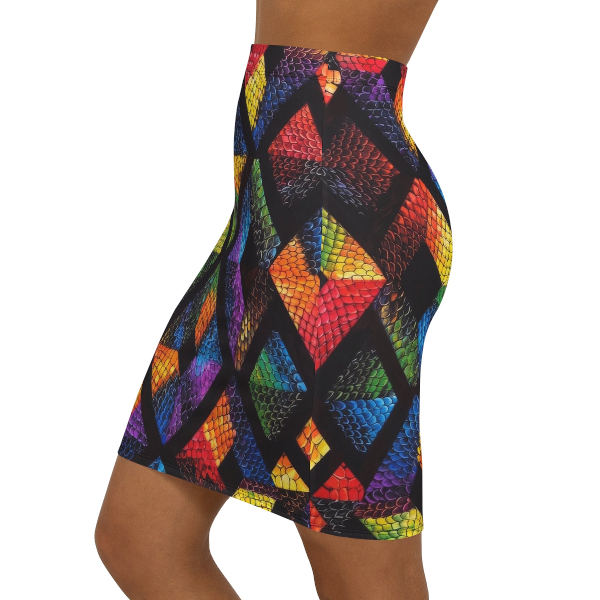 Rainbow Geometric Snake-Print Pencil Skirt