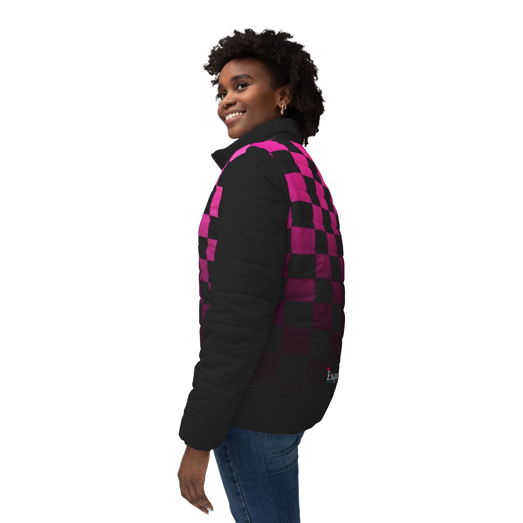 Pink Gradient Checkerboard Puffer Jacket